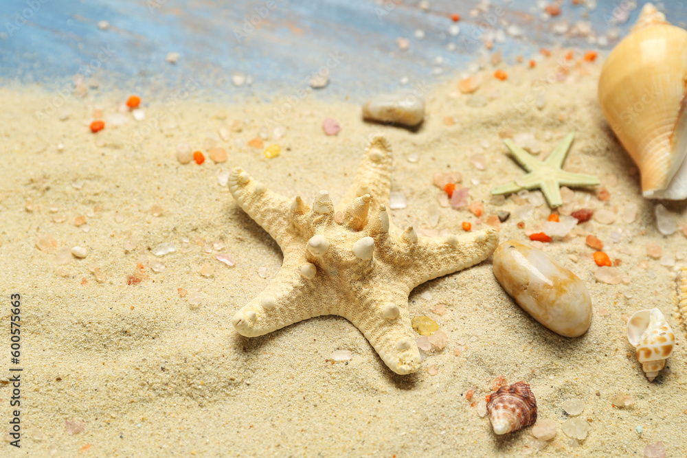 Sand with starfishes and seashells on blue wooden background