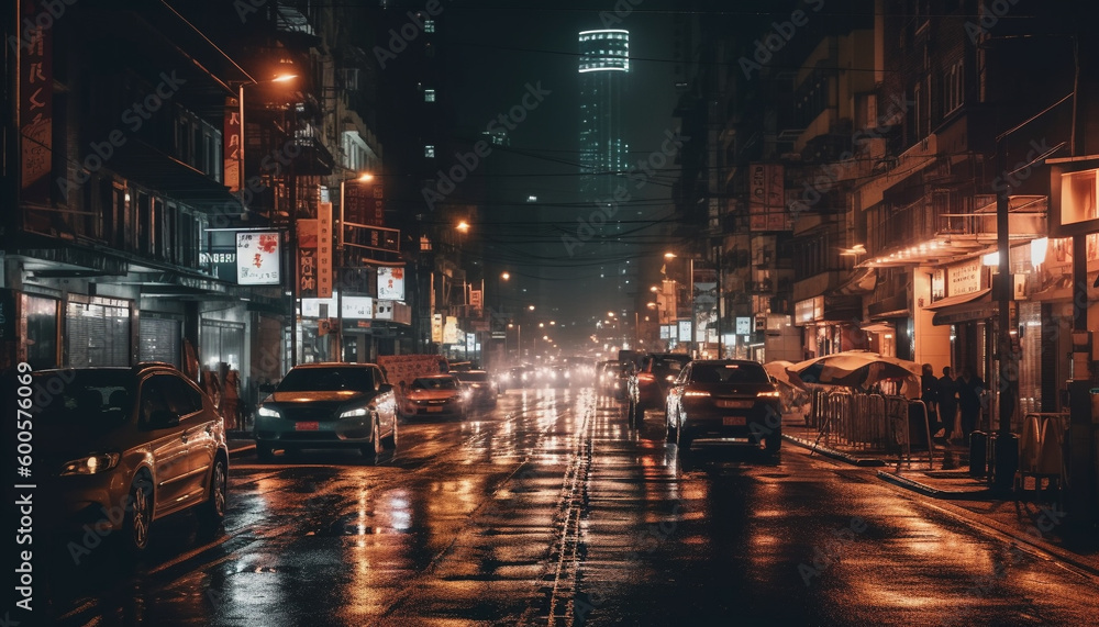 Illuminated cityscape, nightlife, blurred motion, crowded street generated by AI