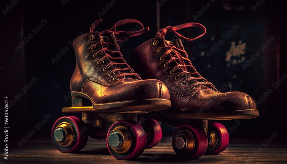 Old fashioned leather roller skate, lace fastener, outdoors fun generated by AI