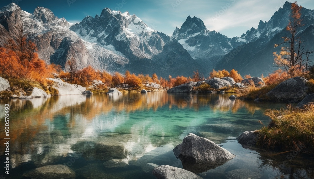 Majestic mountain peak reflects in tranquil pond generated by AI