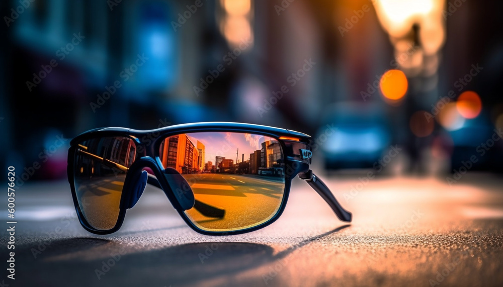 Sunglasses reflect sunset, city life, and elegance generated by AI