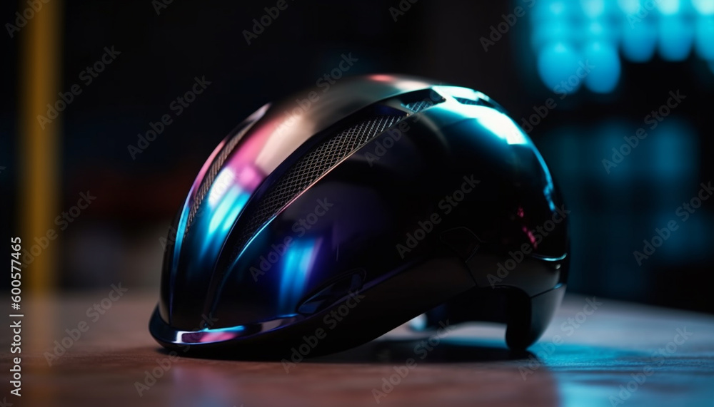 Shiny blue helmet reflects indoor cycling adventure generated by AI