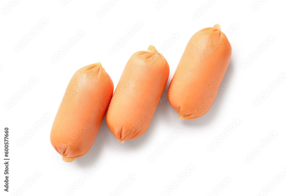 Tasty boiled sausages on white background