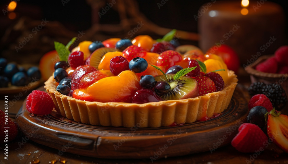 A rustic homemade sweet pie with fresh berry fruit slices generated by AI