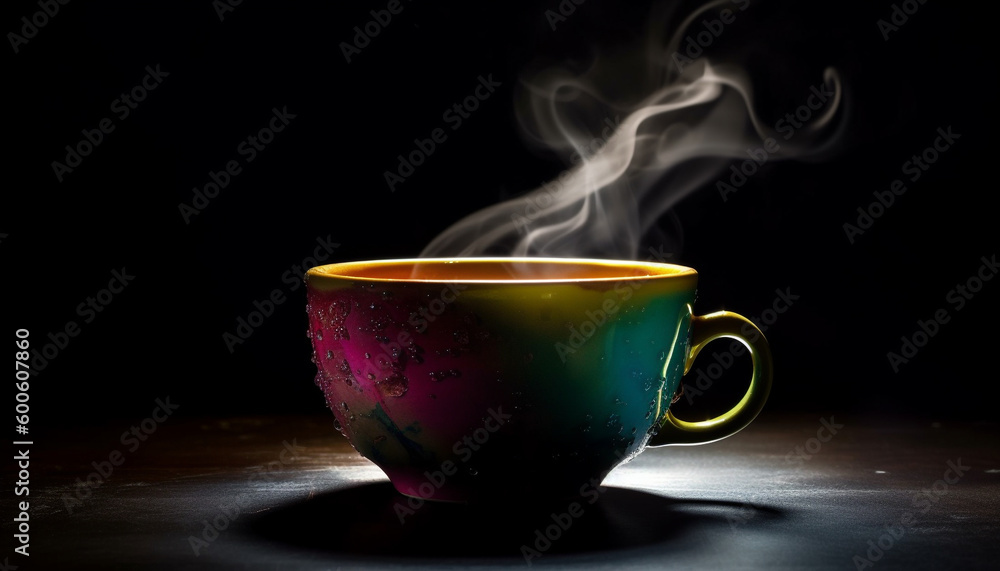 Hot coffee steams on wood table, adding caffeine addiction generated by AI