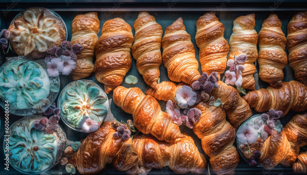 Freshly baked croissant, a gourmet French snack for sweet tooth generated by AI