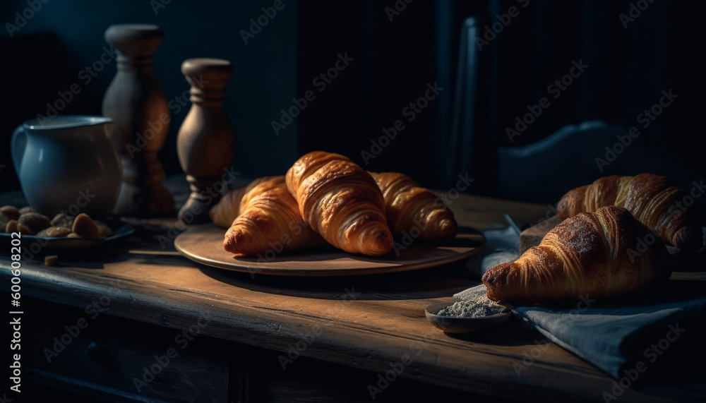 A freshly baked croissant on a wooden table, ready to eat generated by AI