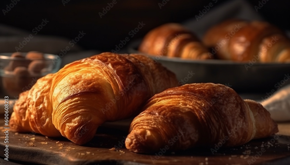 Freshly baked French croissant, a rustic indulgence for breakfast generated by AI