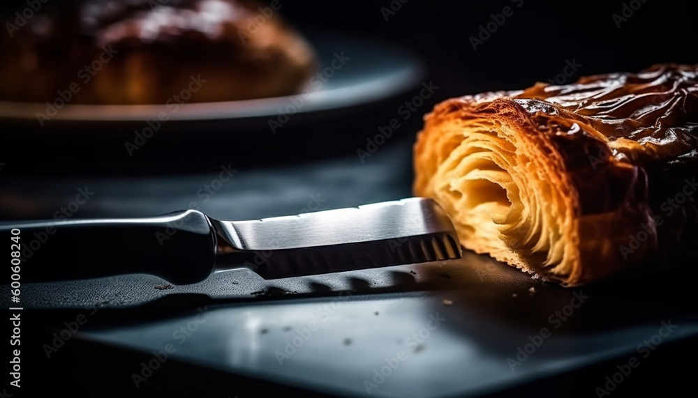 A homemade baked pastry item on a rustic wooden plate generated by AI