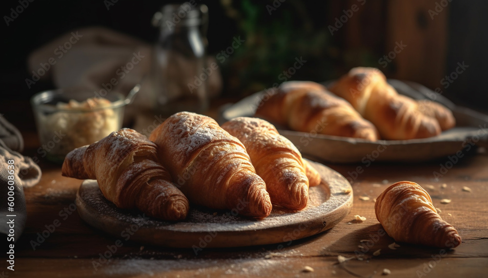 A rustic French meal: brioche, croissant, baguette, and sweet bun generated by AI