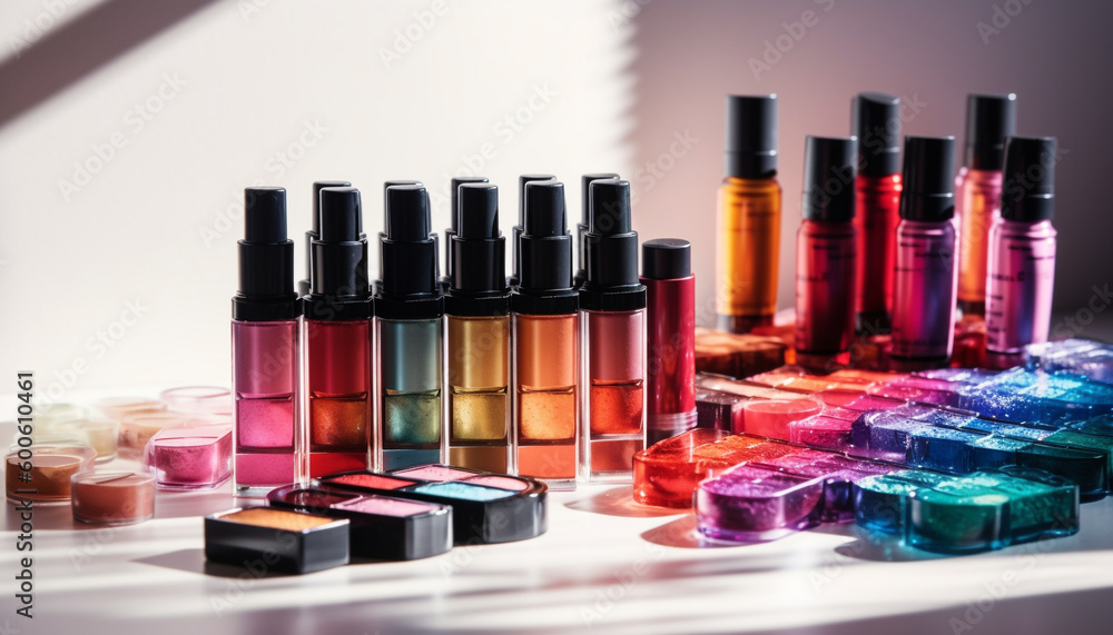 Vibrant beauty collection: multi colored nail polish in glass bottles generated by AI