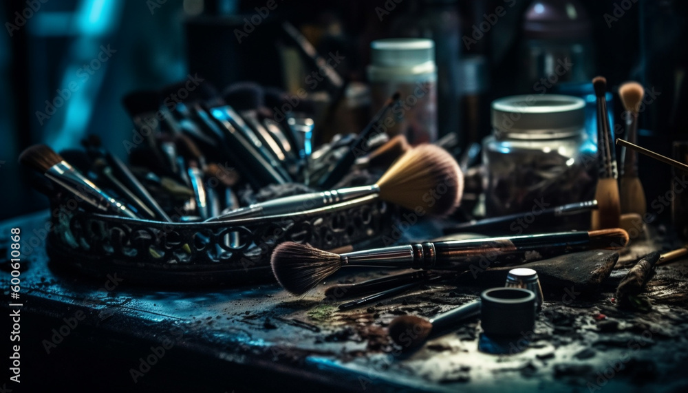 Professional artist make up collection: a colorful still life masterpiece generated by AI