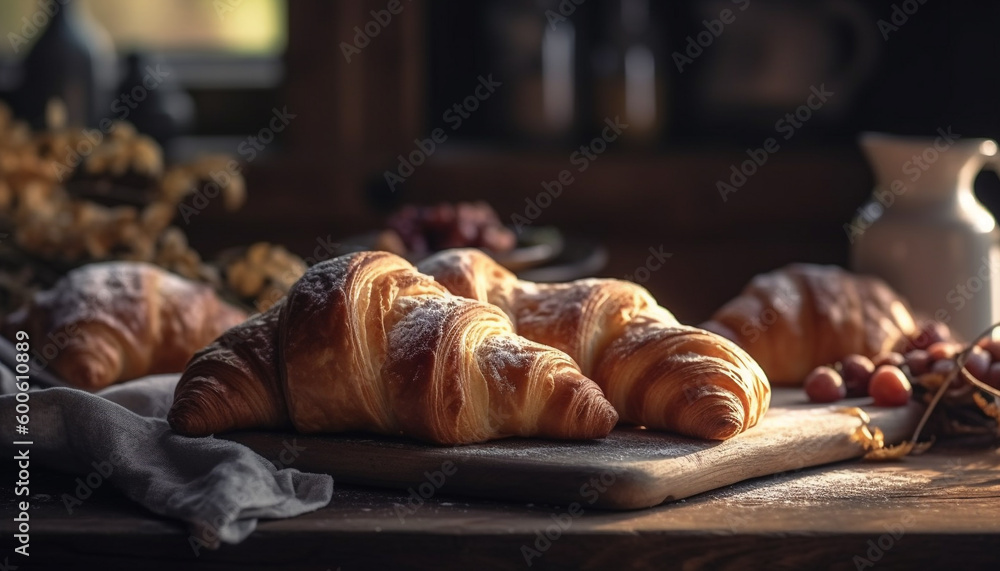 Freshly baked French pastries on rustic wooden table, a gourmet indulgence generated by AI