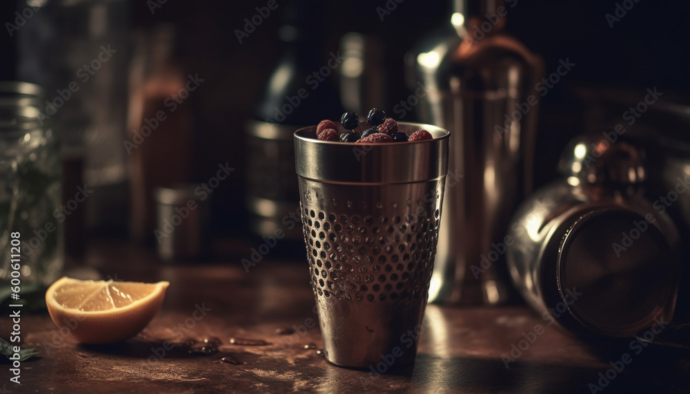 Organic gourmet cocktail with fresh fruit and spice on rustic table generated by AI