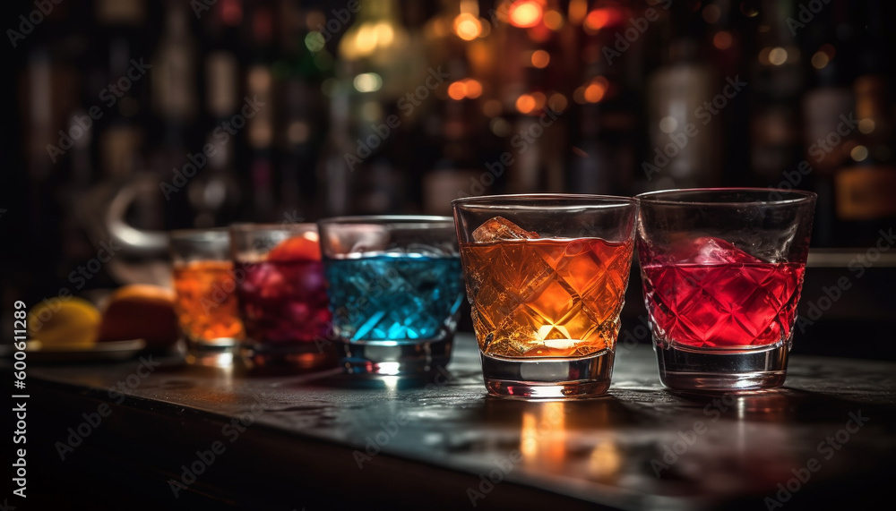 At the luxury bar, a bartender serves multi colored cocktails generated by AI