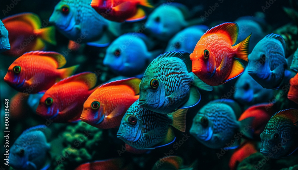 A school of multi colored fish swim in a vibrant reef generated by AI