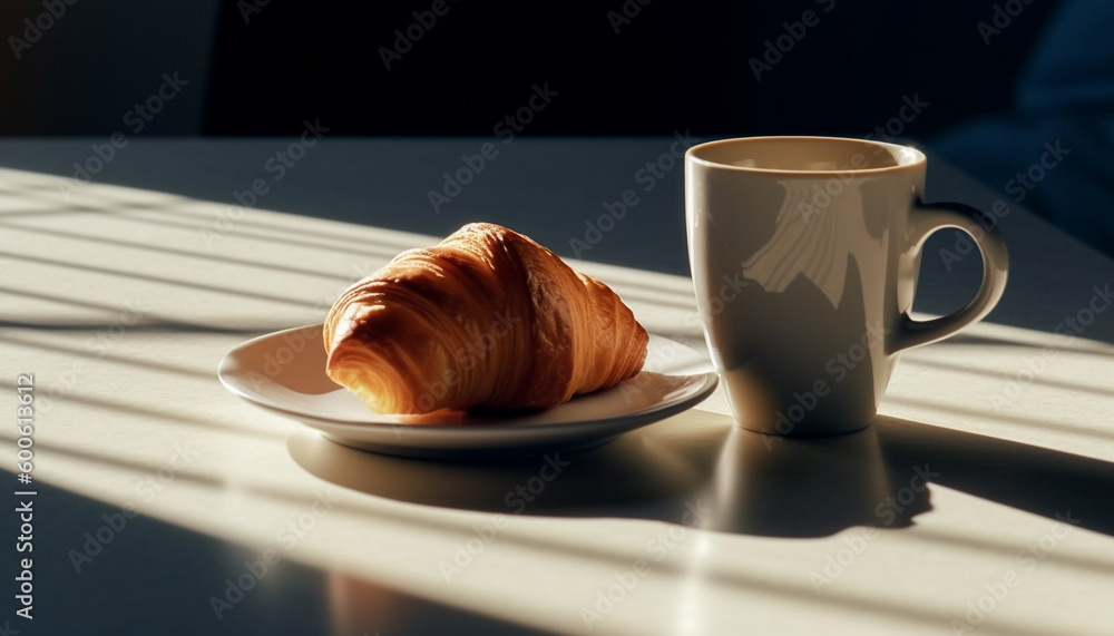 A gourmet croissant and cappuccino, a perfect summer refreshment generated by AI