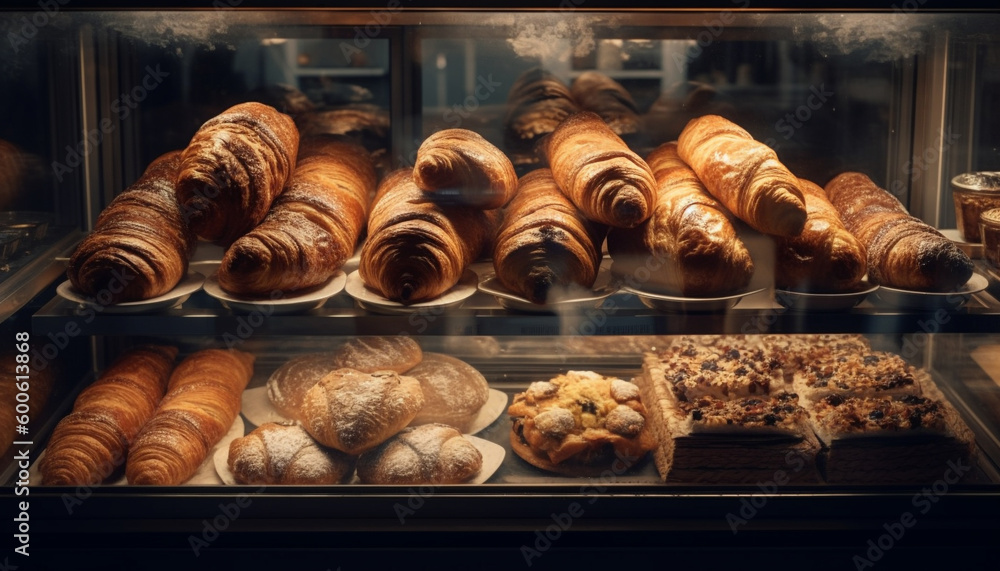 Freshly baked French croissants and sweet buns, ready to eat indulgence generated by AI