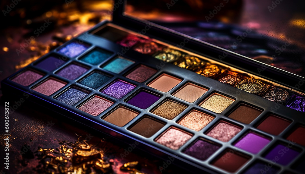 Vibrant colors of multi colored eyeshadow palette create stunning close up glamour generated by AI