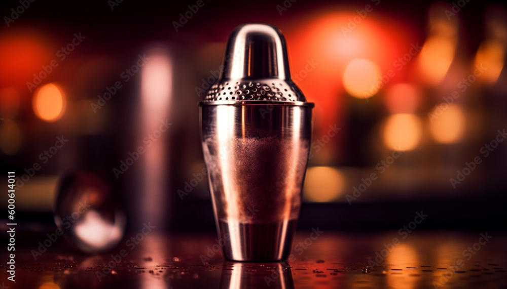 A shiny metallic cocktail glass reflects the dark bar lighting generated by AI