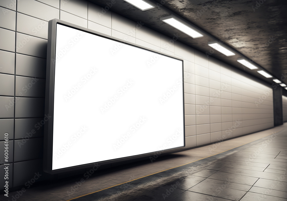 Horizontal billboard on underground wall Mockup. Hoarding advertising on train station. Generative A