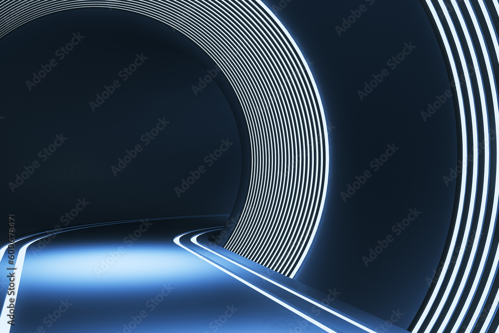 Abstract blue futuristic tunnel with lines wallpaper. Website landing page concept. 3D Rendering.