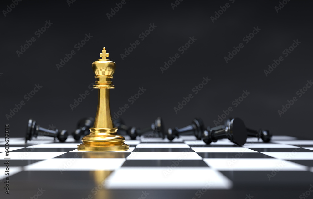 The golden chess king was standing in front of the falling chess pieces