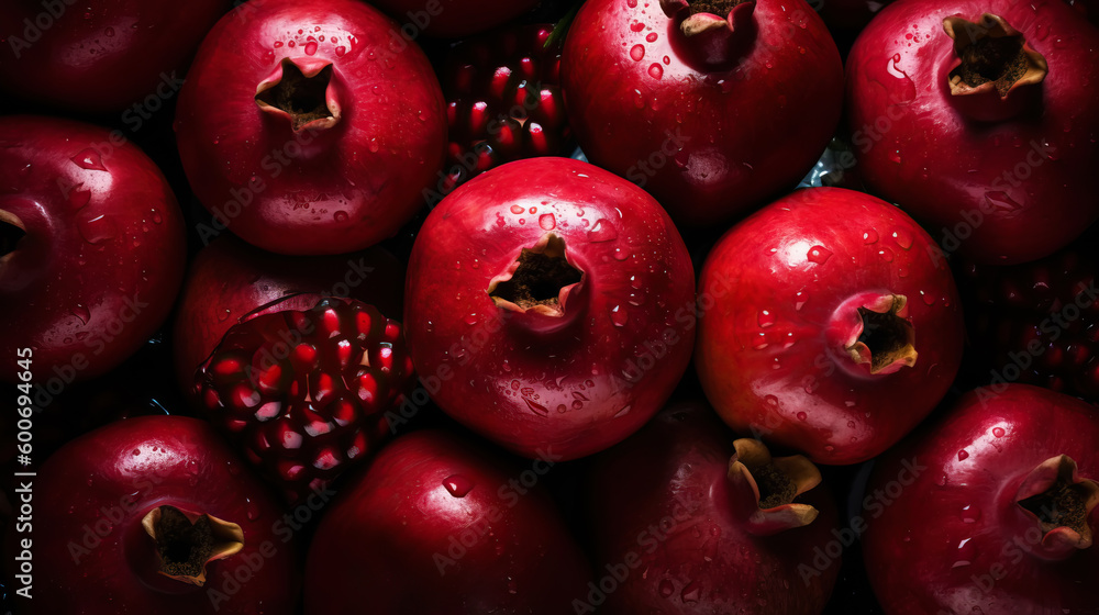 Fresh ripe pomegranades with water drops background. Fruits backdrop. Generative AI