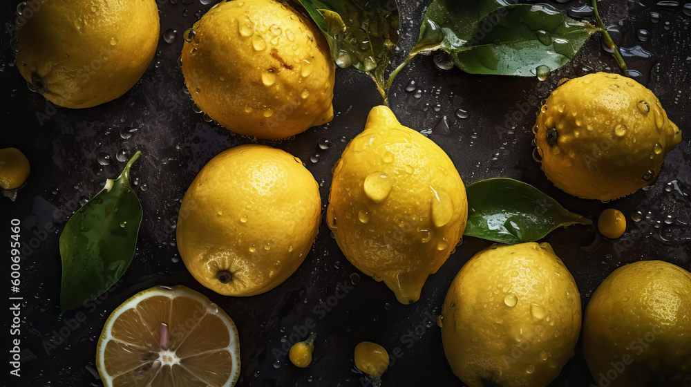 Fresh ripe lemons with water drops background. Fruits backdrop. Generative AI