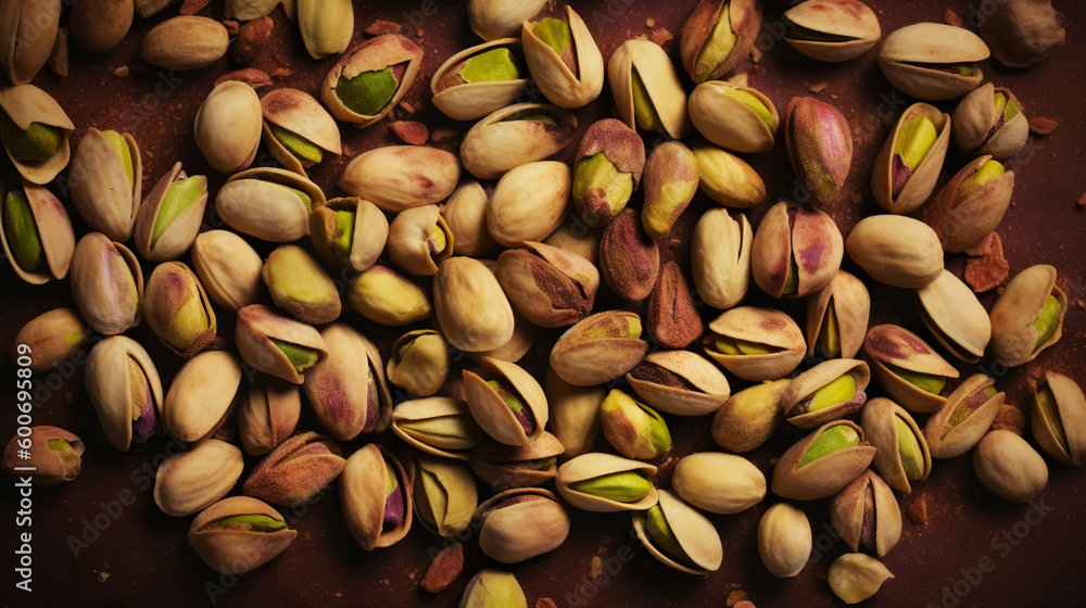 Pistachio background. Nuts. Green fresh inshell pistachios. Generative AI