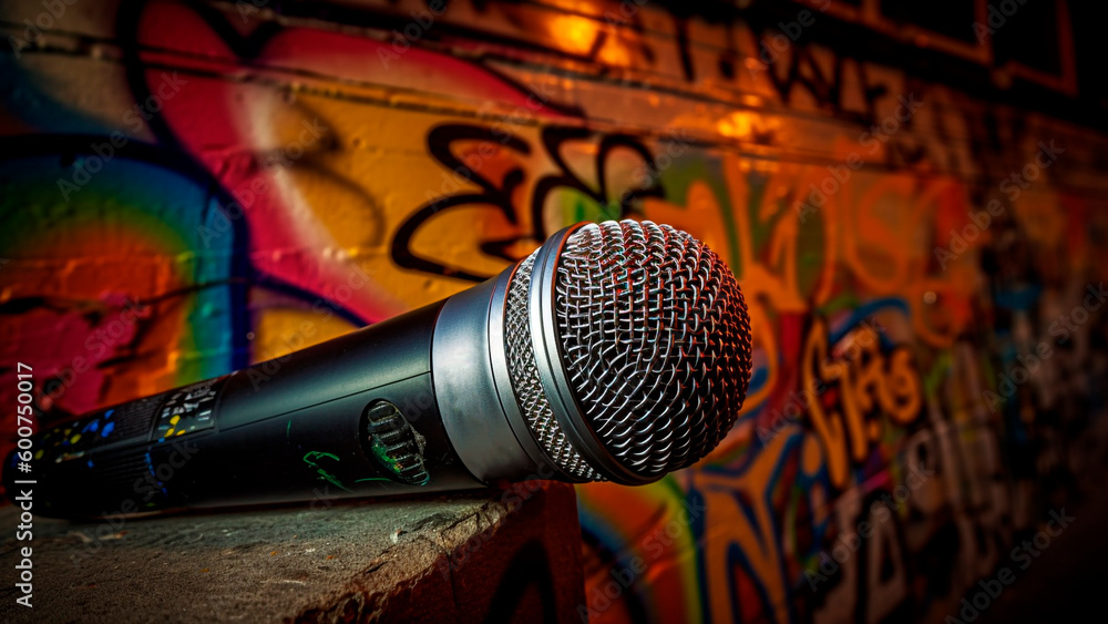 Microphone in front of a graffiti wall. Selective focus. Generative AI.