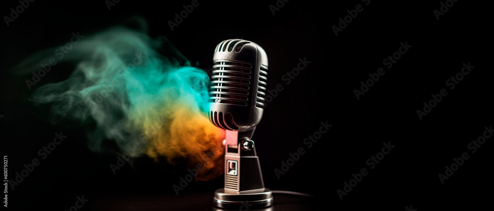 A vintage microphone with colorful smoke, background with copy space. Generative AI.