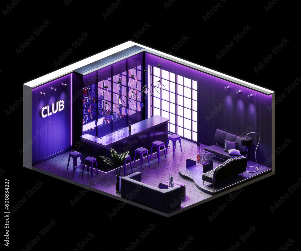 Isometric view night club style room open inside interior architecture 3d rendering digital art