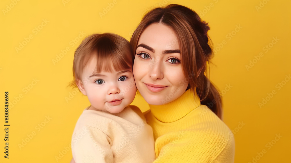 Beautiful Happy Mom with Child.  Illustration AI Generative.