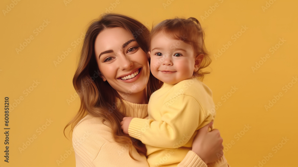 Beautiful Happy Mom with Child.  Illustration AI Generative.