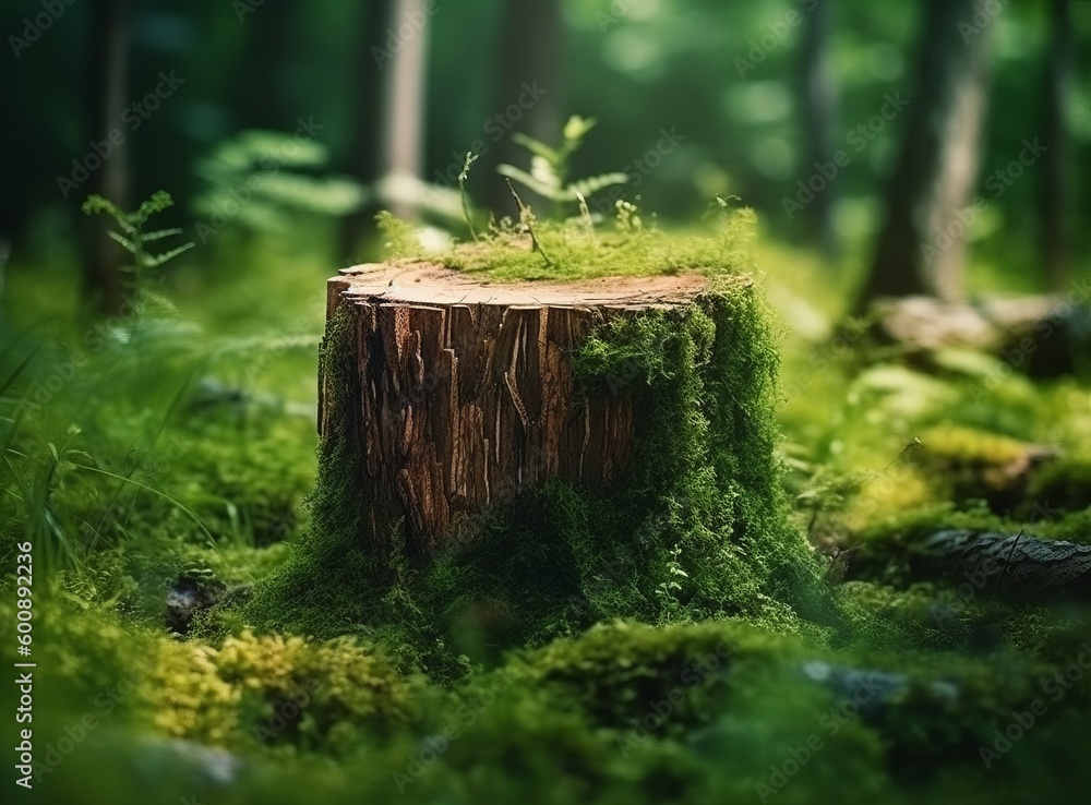 Natural podium in forest. Illustration AI Generative.