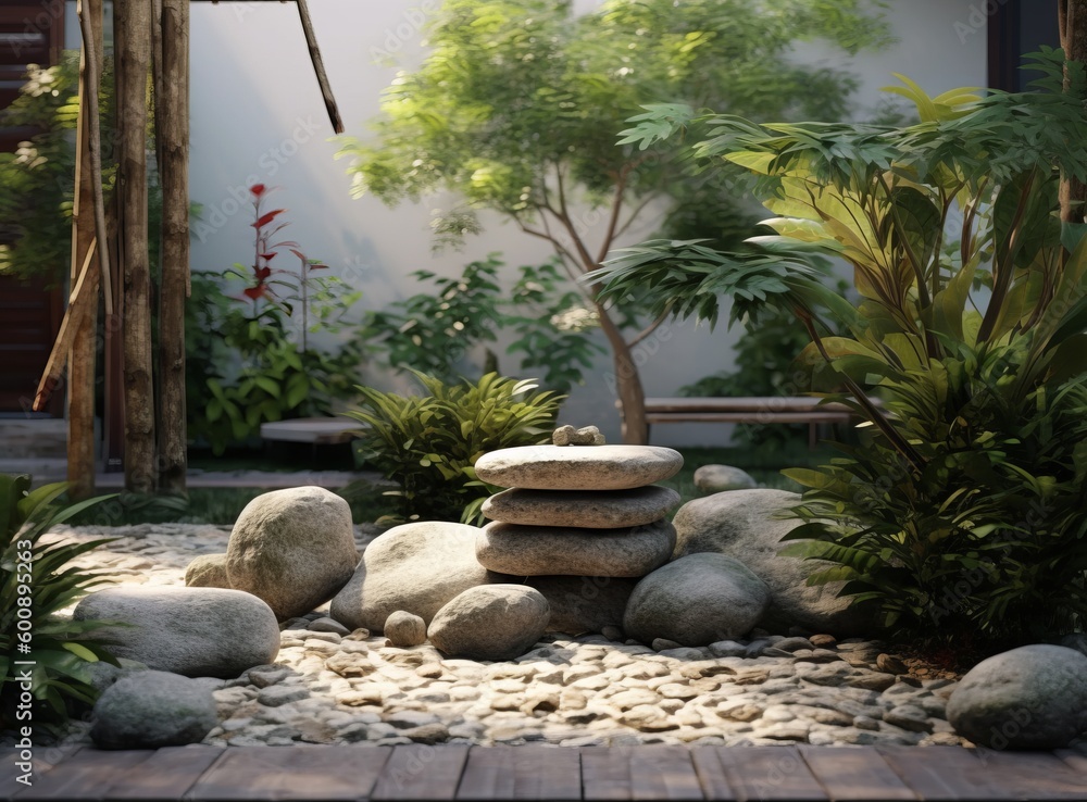 Stones and plants natural background. Illustration AI Generative