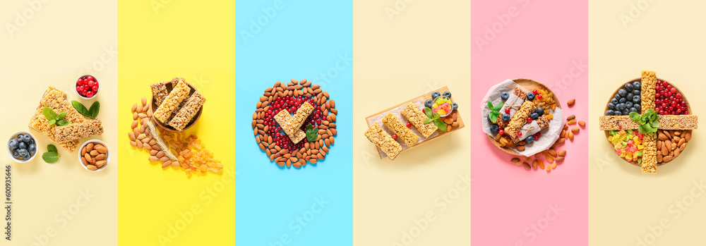 Collage of sweet cereal bars with almonds and fruits on color background