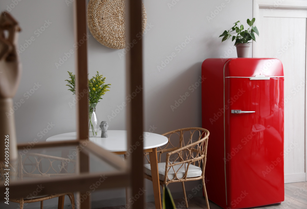 Interior of modern kitchen with stylish refrigerator