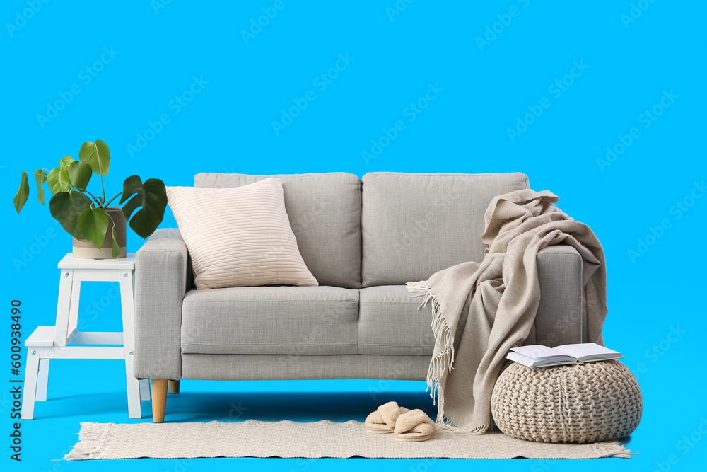 Cozy grey sofa with plaid, cushion and houseplant on blue background