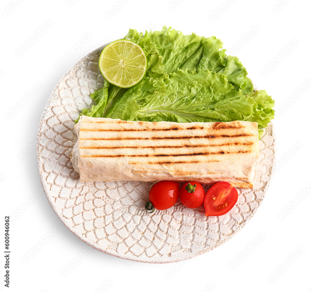 Plate of tasty shawarma with lettuce and tomatoes on white background