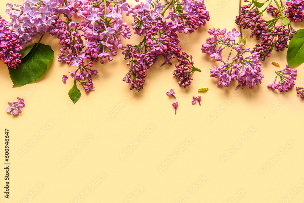 Blooming lilac flowers on beige background