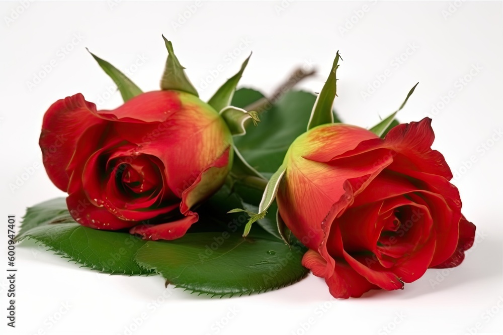 two vibrant red roses with lush green leaves on a pristine white background Generative AI