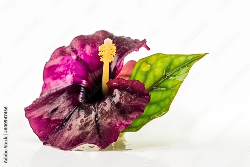 beautiful purple flower with green leaves on a clean white background Generative AI