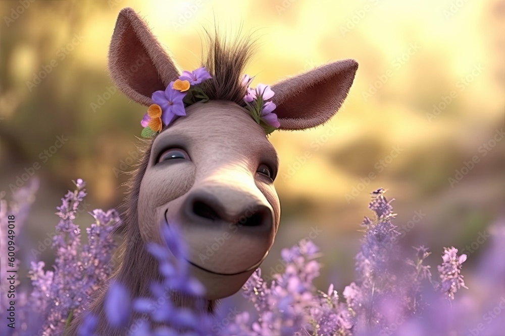 donkey wearing a floral wreath on its head Generative AI