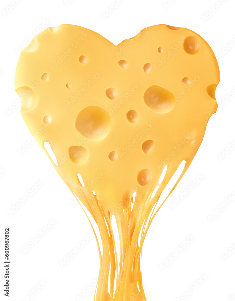 Melted piece of cheese in the shape of a heart on a white isolated background