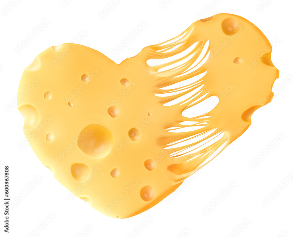 Melted piece of cheese in the shape of a heart on a white isolated background