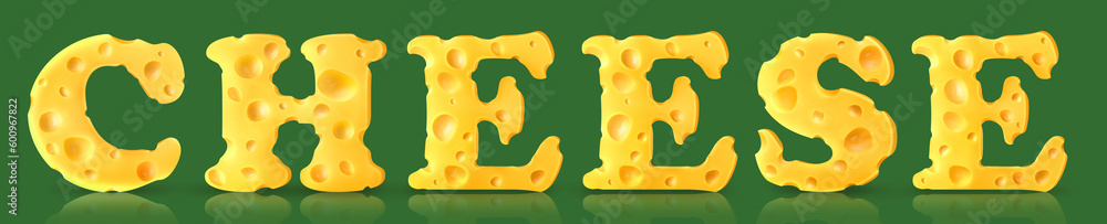 Cheese in the form of letters with a shadow.Cheese text on a green isolated background