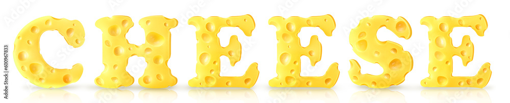 Cheese in the form of letters with a shadow.Cheese text on a white isolated background