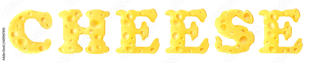 Cheese in the form of letters. Cheese text on white isolated background